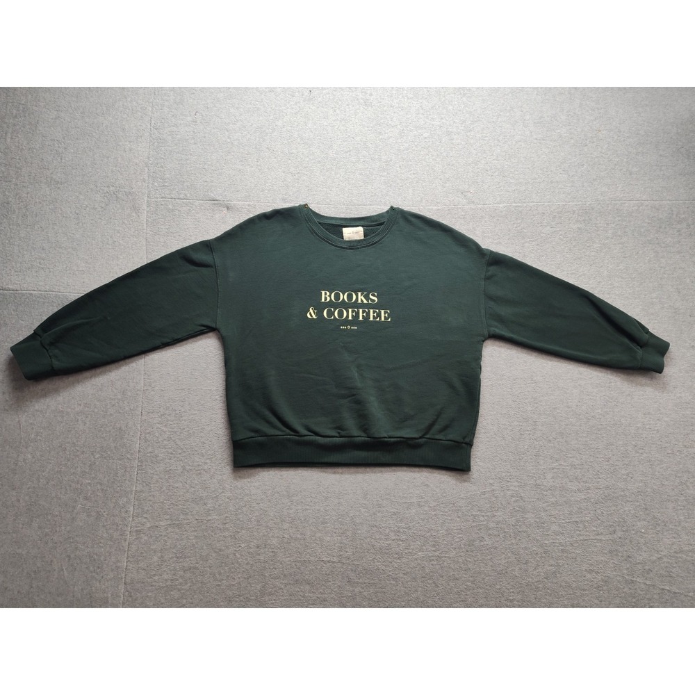 Books & Coffee Women Sweatshirt L Dark Green 100% Cotton Graphic Comfy Pullover - Picture 1 of 16